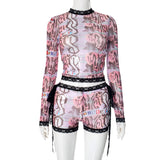 Fongt Women's Autumn And Winter Graffiti-Print Lace Lace Collar With Shorts