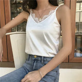 2022 Summer Satin Crop Top Women Camis Roupas Slik Off White Lace Tops Female Camisole Black Halter T-shirts Basic Woman
