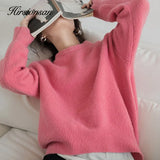 Basic O Neck Cashmere Sweater Women 2021 New Oversized Rose Red Knitted Pullovers Female Casual Thick Warm