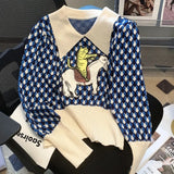 Puff Sleeve Retro Acrylic Cat Horse Embroidery Sweaters Slim Crop Top Elegant Women Streetwear Kawaii Clothes Winter