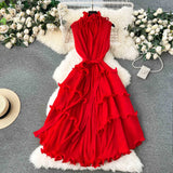 Fongt Three-Home Folded Dress Dress Wooden Ear Long Heavy Industry Pressure Folds High-End Exquisite Dress Woman