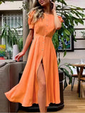 Women's Summer Dress with Botton White Elegant Office Ladies Split Short Sleeve A-Line Chic Holiday Party Maxi Dresses for Women-Outfit