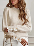 Fongt And Winter Women's Sweater Splicing Lace Round Collar Long Sleeve Buckle Knitted Shirt Woman