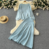 Fongt Windy Woman Languid Languid Breeze With Long-Sleeved Knitted Shirt + High Waist Swing Sweater Half-Dress Skirt