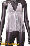 Women New Solid Tassel Sexy Two Piece Set Rhinestone V Neck Sleeveless Halter Backless Top Camis Hollow Out Party Mini