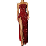 Sequin Strapless Evening Dress Women 2023 Spring Sexy Red High Slit Dresses Elegant Dress Women Party Club Dress Women-Outfit