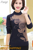 Autumn Winter Middle-aged Women Knit Sweater Print Pullover Turtlenecks Fleece Liner Warm Tops Mother Sweaters Base