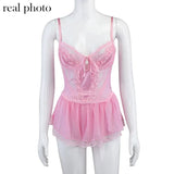 Dark Pastel Gothic Lace Pink Women Bodysuits Harajuku Sweet Sexy Transprent Club Night Clothes Bandage Ruffles Hem