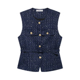 Fongt And Beads Coarse Spinning Vest 2025 Spring Temperament Metal Buttonless Sleeveless Round Collar Body Jacket Woman