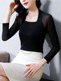 Women Sheer Mesh Blouse Square Collar Slim See-Through Mesh Long Sleeve Top Elegant Blouses Skinny Club shirts-Outfit
