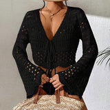 Fongt Knitted Hollow Beach Hoodie Strapped With Open Shirt Bikini Outside