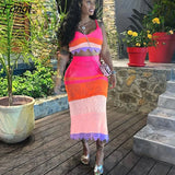 Color Patchwork Knitted Two Piece Set Dress Women Sexy Camisole Crop Top High Waist Midi Skirt Beach Outfits