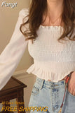 Ruffles Crop Top Women Pleated Blouse Sexy Square Collar Womens Tops And Blouses Puff Sleeve Ladies Clothes Blusas
