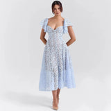 Fongt Long Dress Court Lace High-Rise Thin V-Neck Sexy Short-Sleeved Dress Woman