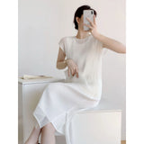 Fongt Folded Summer Women's Light Luxury Simple Folds High-End Net Yarn Two-Sleeve Dress