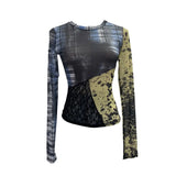 Fongt Tat Yarn Print Bottom Blouse Spliced Lace Long-Sleeved T-Shirt 22917