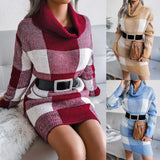 Fongt Autumn And Winter Casual Lattice Turtleneck Sweater Dress Knitted Dress Women's Clothing