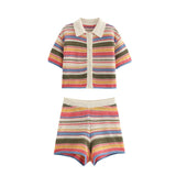 Fongt Women's 2025 New Crochet POLO Shirt Collar Striped Crochet Shorts Set