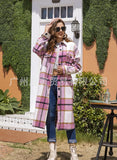 Autumn Winter Lady Classic Plaid Coat Lapel Double Bag Long Loose Versatile Coat-Outfit