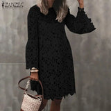 Fashion Women Lace Crochet Work Sundress 2PCS Spring Elegant Long Flare Sleeve Sundress Robe Femme Hollow Out Midi