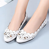 Breathable Genuine Leather Summer Shoes Woman 2021 Flat Low Heel Bowknot Hollow Out Leather Slip On Shoes For Women