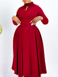 Fongt Women's New Fashion High-Neck Elegant Nail Beads Big Swing Dress Waist African Dress