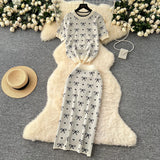 Fongt Suit Women's 2025 Summer High-End Round-Neck Short-Sleeved Bow Print Top High-Waisted Hip Skirt