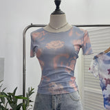 Single-Layer Thin Mesh Tie-Dye-Repair Short-Sleeved T-Shirt For Girls Summer Short-Sleeved Hottie Top
