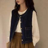 Fongt Retro Denim Vest Women Spring And Autumn Folding Waist Coat Outside A Small Design Feel Shoulder Clip