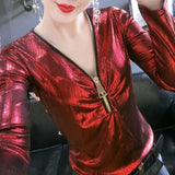 Slim Stylish Zipper Pullovers Sexy V-Neck Cut Out Spring Autumn Long Sleeve Folds Female Solid Color Bright Silk T-shirt-Outfit