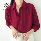 Arrival Women Solid Turn-down Collar Chiffon Blouse Oversize Button Up Wine Red Shirt Korea Style Feminina Blusa