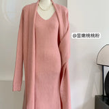 Fongt New Solid V-Neck Jacket Dress + Sweater Cardigan Hot Elegant Knitted Set