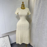Fongt New Elegant Round Neck Nails Hollow Slimming Temperament Short-Sleeved Knitted Dress Woman