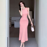 Shot South Korean Chic Summer High-Level Round-Collar Stripes Hit Color Splicing Bag Buttocks Slim Knitted Dress-Outfit
