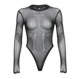 Fongt Temperament Light Striped Mesh Perspective Sexy Long Sleeve Half-High Collar Bare Back-To-Back Women's Clothing