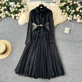 Fongt Retro Elegant Dress Women Winter High Hook Lace Splicing Mesh Yarn Irregular Knee Dress