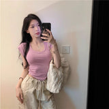 Fongt Chic Thai Design V-Neck Shoulder Short Sleeve T-Shirt Women's Curved Under The Hem To Slim Short Top