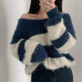 Fongt Chic Autumn/Winter Vintage Lazy Loose Round Collar Ctriped Striped Knitted Jerseys On The Head Of The