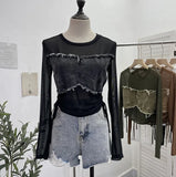 Vintage Spice Girls Stomee Net Yarn Sexy Perspective Drawstring Long-Sleeved T-Shirt Top