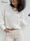 Hollow Jumper Woman Long Sleeve Round Neck Knitted Sweater New Elegant White Loose Fit Lady Solid Pullovers Fashion