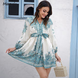 Simple Casual Floral V-Neck Puff Sleeve With Belt Holiday Style High Waist Knee-Length Summer Dresses NEW