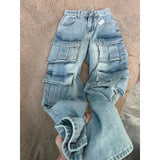 Fongt Multi-Pocket Workwear Jeans Women's Large Street Vibe High-Waist Broad Legs Casual Straight Pants