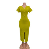 Fongt Body-Stupling Short-Sleeved Bag Hip Dress Gold Metal Buckle Open-Fork Solid Color Dress