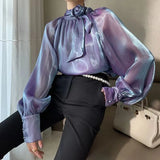 Women's Satin Blouses Stylish Big Bow Shirts 2023 Casual Puff Sleeve Female Solid Baggy Tunic