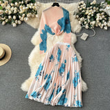 New Advanced Casual Women's Elastic Long Sleeve Pleated Top+High Waist Pleated Half Skirt Printed Skirt 2-piece Set-Outfit