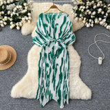 Fongt High-End Dress Women Design Feel Strapped Waist Bat Sleeve Pressure Fold Printing Irregular Dress Dress