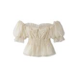 Mesh Bubble Sleeve Blusas Mujer Off-shoulder Shirts Blouses Lace Up Bow Camisas Spring Summer 2024 Tops Tunic Ropa-Outfit