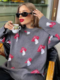 Women Mushroom Printed Sweaters Autumn Winter Casual Round Neck Loose Pullovers 2023 Female Elegant Warm Long Sleeved