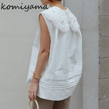 High Level Hollow Out Lapel Neck Blouses Femme Japan Style Solid Sleeveless Blusas Mujer Loose Shirts Top Quality-Outfit