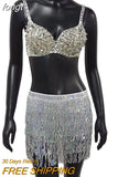 Shiny Sequined 2 Piece Set Women Spaghetti Strap Patchwork Bra Crop Top Bling Tassel Waist Chain Clubwear 2 Pcs